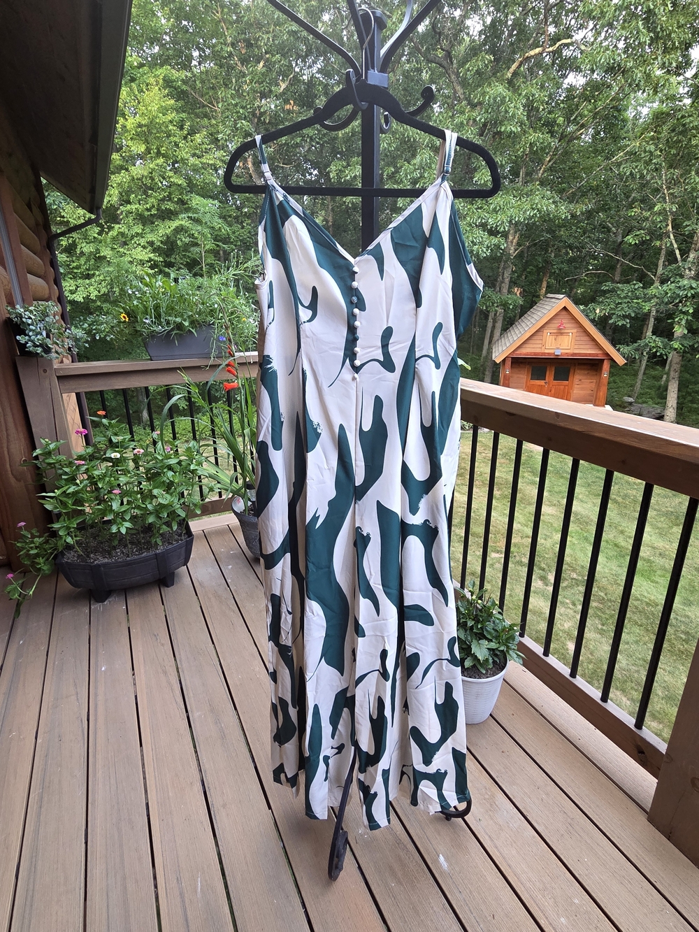 Source Unknown White and Dark Green Abstract Print Romper